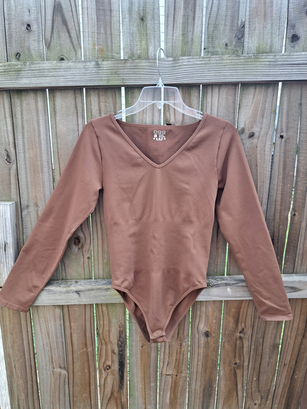 OQQ Women's Long Sleeve Brown V-Neck One-Piece Bodysuit, XL